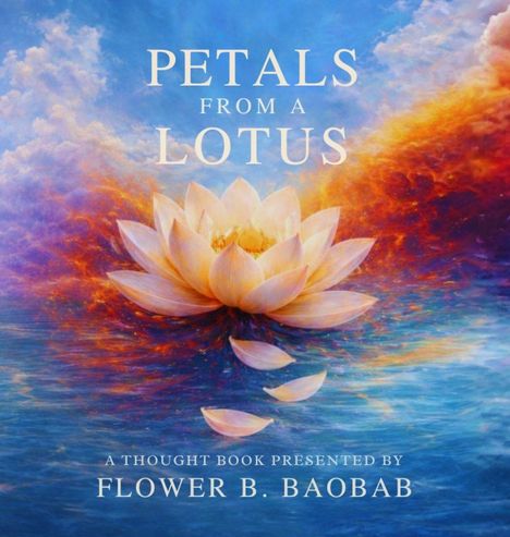 „PETALS FROM A LOTUS“ und „A THOUGHT BOOK PRESENTED BY FLOWER B. BAOBAB“. Eine große Lotusblüte schwebt auf lebendigem, farbigem Wasser.