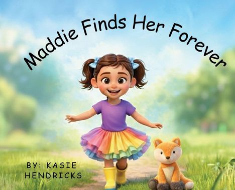 "Maddie Finds Her Forever" oben, "By: Kasie Hendricks" unten. Ein fröhliches Mädchen in Regenbogenrock mit Stofffuchs.