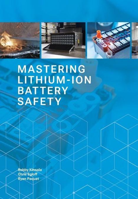 „Mastering Lithium-Ion Battery Safety“. Vier Bilder mit Batteriekomponenten und -tests, blauer Hintergrund mit Würfeln.