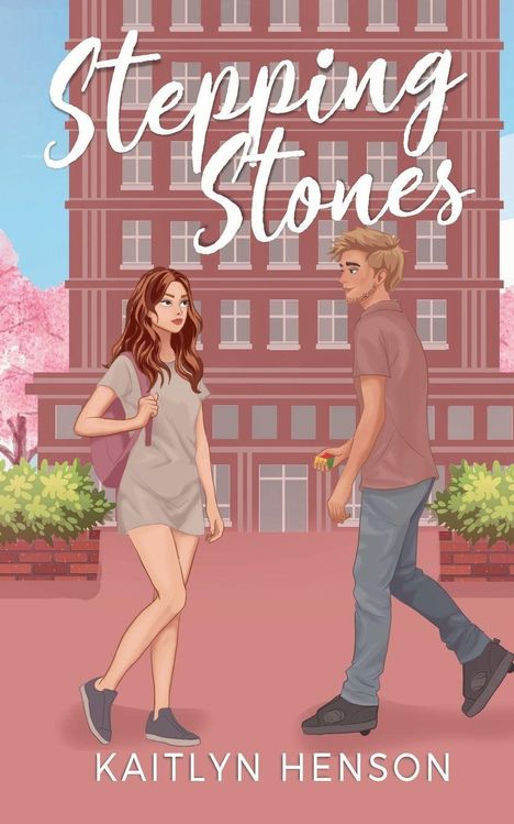 "Stepping Stones" und "Kaitlyn Henson" stehen auf der Illustration eines Paares vor einem Gebäude mit rosa Blütenbäumen.