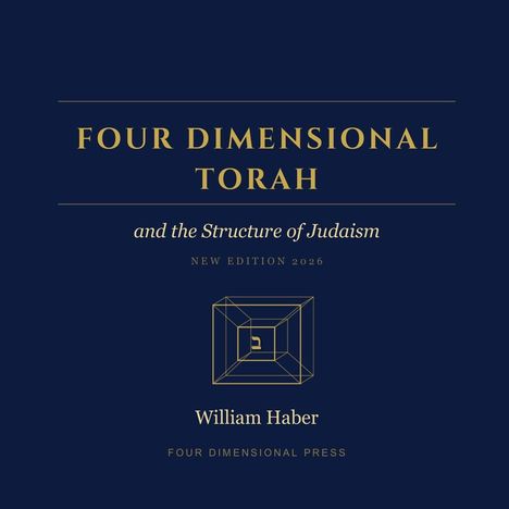 "FOUR DIMENSIONAL TORAH" und "William Haber". Dunkler Hintergrund und lineares, geometrisches Muster.