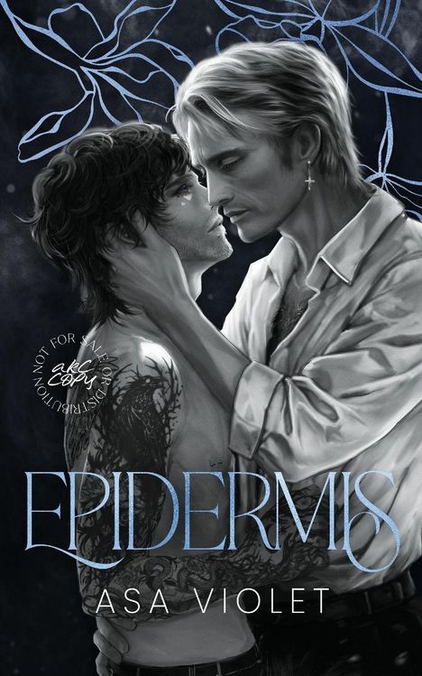 "EPIDERMIS, ASA VIOLET." Eine Illustration zeigt zwei Männer in einer innigen Umarmung, einer mit Tattoos, der andere mit Kreuz-Ohrring.