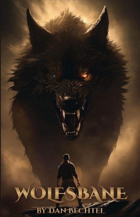 "WOLFSBANE BY DAN BECHTEL" in Gold. Eine dunkle, bedrohliche Wolfsillustration mit funkelnden Augen und einer Silhouette einer Person.