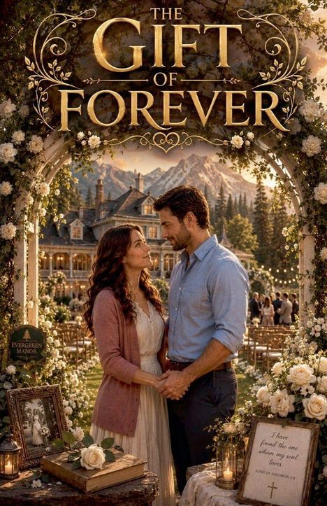 „The Gift of Forever“ in goldener Schrift, Paar hält sich vor einer romantischen Bergkulisse und Blumenbogen sanft an den Händen.