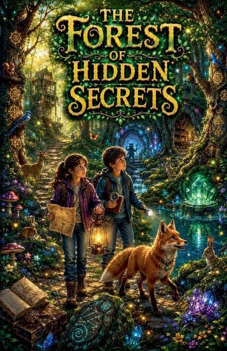 "THE FOREST OF HIDDEN SECRETS". Zwei Kinder mit Karte und Laterne im magischen Wald mit Fuchs, leuchtenden Kristallen und Tieren.