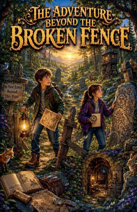 "THE ADVENTURE BEYOND THE BROKEN FENCE", Kinder mit Laterne und Karte im Wald. Zauberhafte Stimmung, mystische Symbole.