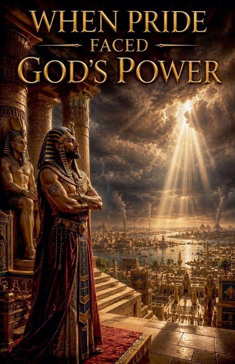Text: "WHEN PRIDE FACED GOD'S POWER". Illustration eines Pharaos vor antiker Stadt und dramatischem Himmel.