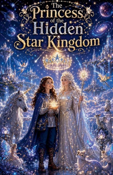 "The Princess of the Hidden Star Kingdom" in goldener Schrift umgeben von magischem Nachthimmel, Feen, Einhörnern und Kronen.