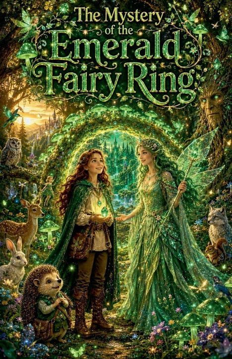 „The Mystery of the Emerald Fairy Ring“. Illustration: Waldszene mit Feen, Tieren und magischen Lichtern in grüner Umgebung.