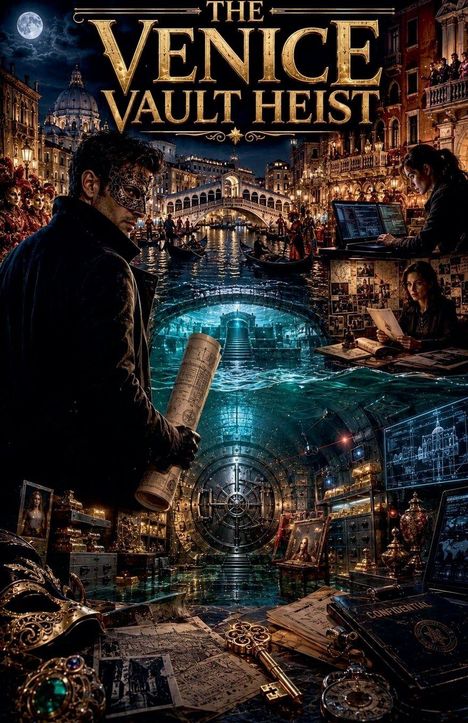 Text: "THE VENICE VAULT HEIST". Maskierte Person mit Plänen in Venedig, Gondeln, Tresorraum, technische Geräte, geheime Dokumente.