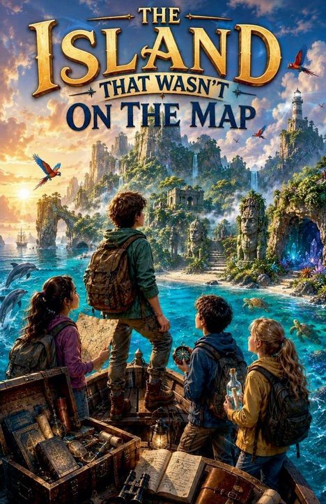 "The Island That Wasn't on the Map". Kinder auf einem Boot vor einer mystischen Insel mit Statuen und Wasserfällen.