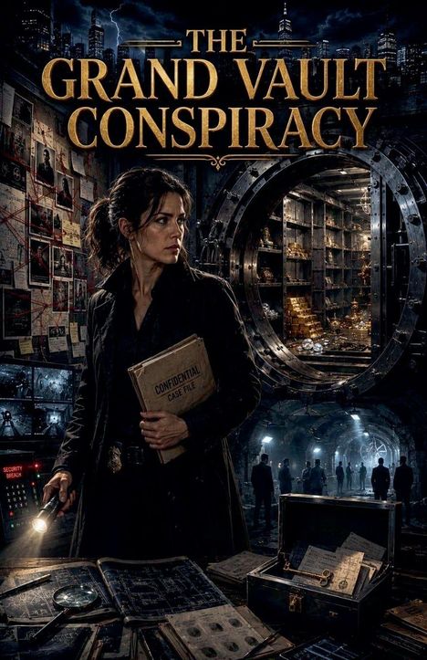 "The Grand Vault Conspiracy" in großen Buchstaben. Eine Frau hält eine Akte mit "Confidential Case File", im Tresor gibt es Gold.
