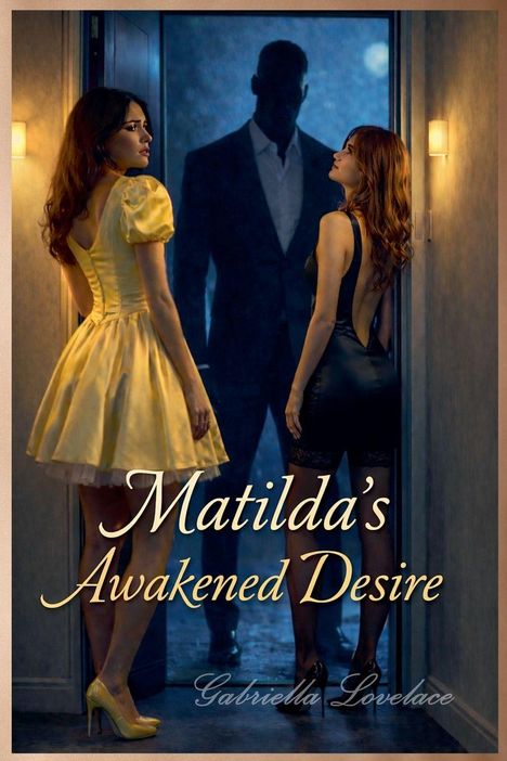 "Matilda's Awakened Desire" von Gabriella Lovelace. Zwei Frauen in eleganter Kleidung vor einem dunklen Fenster; ein Mann im Hintergrund.