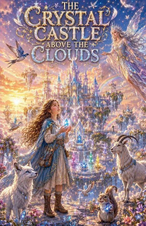 "The Crystal Castle Above the Clouds": Eine märchenhafte Szene mit einem schwebenden Kristallschloss, einer Fee und Tieren.