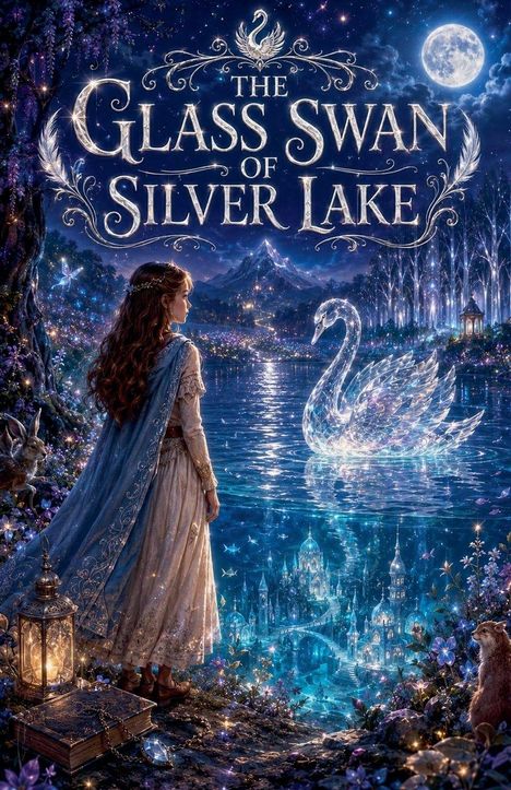 "The Glass Swan of Silver Lake" in kunstvoller Schrift. Eine Frau blickt auf einen gläsernen Schwan in einem magischen See bei Vollmond.