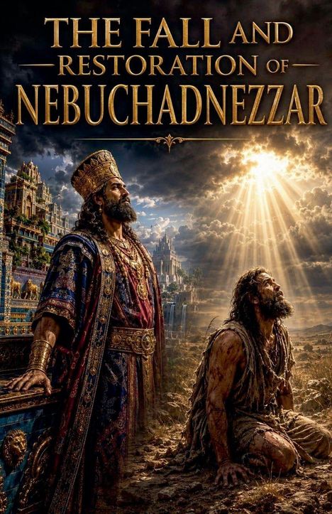 "The Fall and Restoration of Nebuchadnezzar" steht oben. Zwei Männer: Einer königlich gekleidet, der andere kniet im Staub.