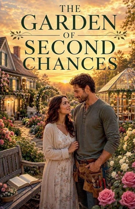 „The Garden of Second Chances“ in großen Buchstaben. Ein Paar steht in einem blühenden Garten bei Sonnenuntergang.
