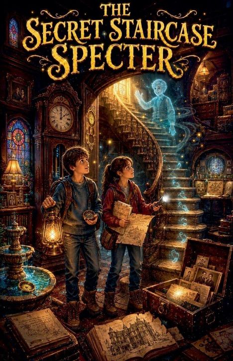 "THE SECRET STAIRCASE SPECTER" steht oben. Zwei Kinder mit Karten und einer Lampe schauen eine geisterhafte Gestalt an.
