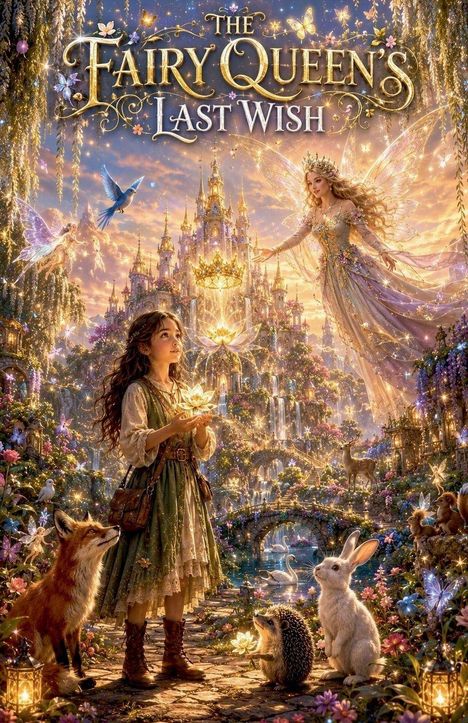 "The Fairy Queen's Last Wish" ist in eleganter Schrift geschrieben. Eine Fee schwebt über einem Mädchen, umgeben von Tieren und Blumen.