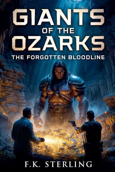 „GIANTS OF THE OZARKS: THE FORGOTTEN BLOODLINE.“ Eine Illustration mit einem riesigen Krieger in einer Höhle.