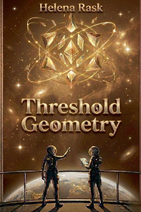 „Helena Rask, Threshold Geometry“ in großen Lettern, zwei Raumfahrer blicken in den Weltraum, illustrativer Stil.