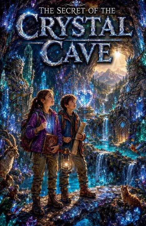 "The Secret of the Crystal Cave." Kinder in Höhle mit Kristallen, halten Buch und Karte, umgeben von Tieren und leuchtenden Farben.
