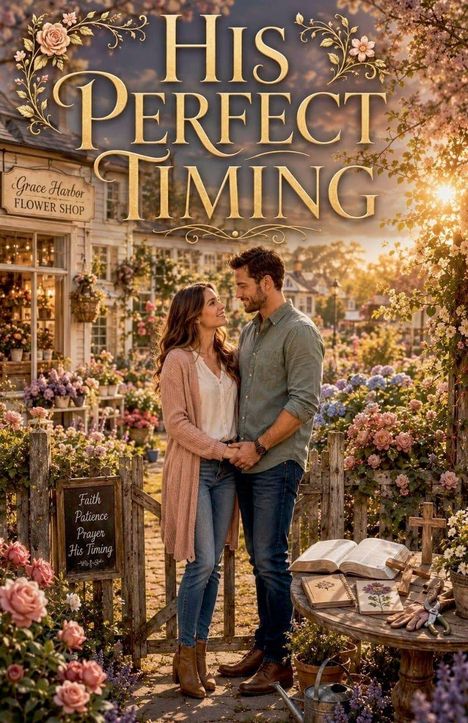 „His Perfect Timing” und „Grace Harbor Flower Shop”. Paar im Garten, hält Hände, umgeben von Blumen und Büchern.