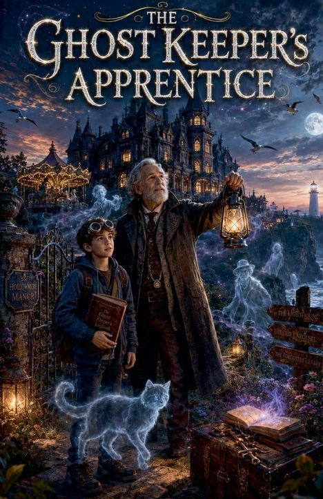 "THE GHOST KEEPER'S APPRENTICE". Ein alter Mann und Junge mit Laterne und Buch, Geisterumrisse, ein Schloss im Hintergrund.