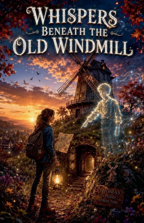 „Whispers Beneath the Old Windmill“. Eine Person mit Laterne und Karte steht vor einer Windmühle; ein leuchtender Junge zeigt.
