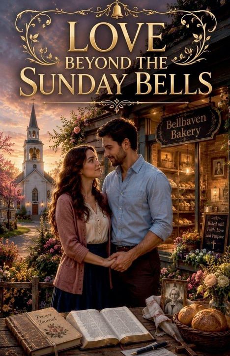 "LOVE BEYOND THE SUNDAY BELLS", "Bellhaven Bakery". Paar hält sich vor Kirche und Bäckerei zärtlich die Hände.