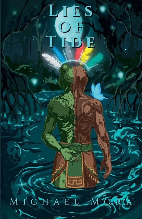 „Lies of Tide“ oben, „Michael Mora“ unten. Eine Illustration zeigt eine zweifarbige Figur im Wasser, umgeben von Natur.