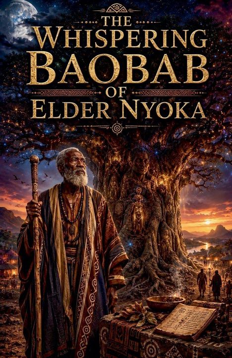 "The Whispering Baobab of Elder Nyoka." Ein älterer Mann in traditionellen Gewändern steht vor einem riesigen, kunstvoll verzierten Baum.