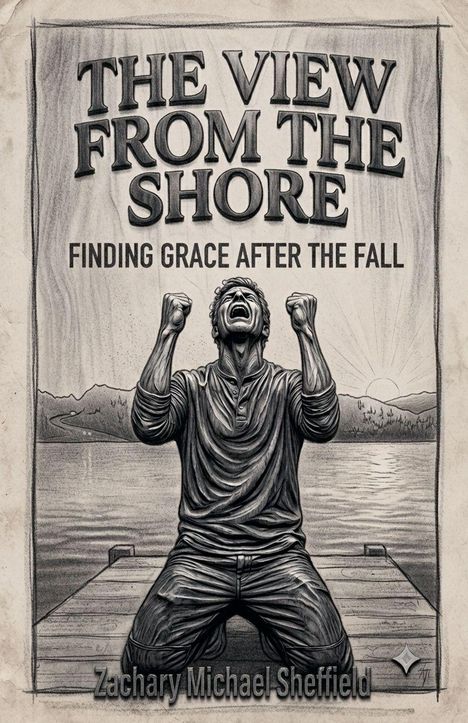 „THE VIEW FROM THE SHORE“, „FINDING GRACE AFTER THE FALL“. Illustration: Mann kniet schreiend auf Steg, Arme erhoben.