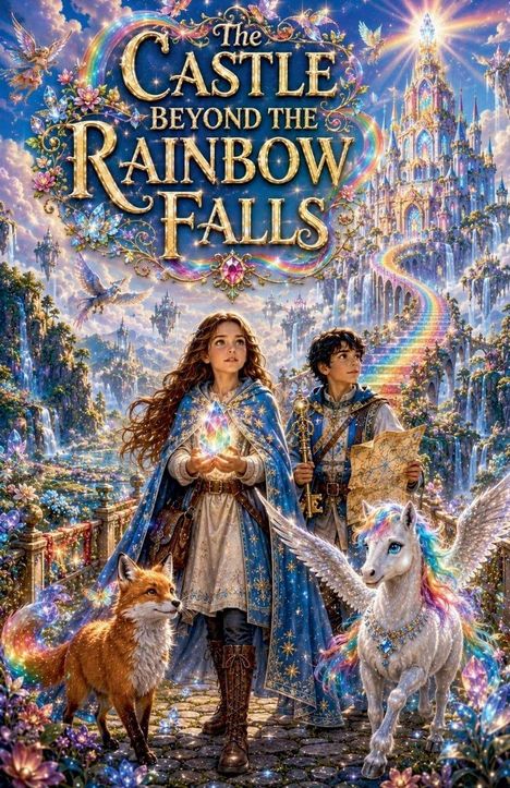"THE CASTLE BEYOND THE RAINBOW FALLS" in Goldschrift. Illustration: Zwei Kinder mit magischem Kristall, Fuchs, Einhorn, Schloss.
