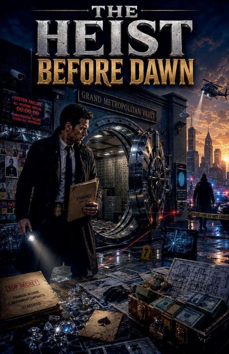 „THE HEIST BEFORE DAWN“ prangt groß vor einem Tresorraum. Ein Mann hält eine „EVIDENCE“-Aktenmappe.