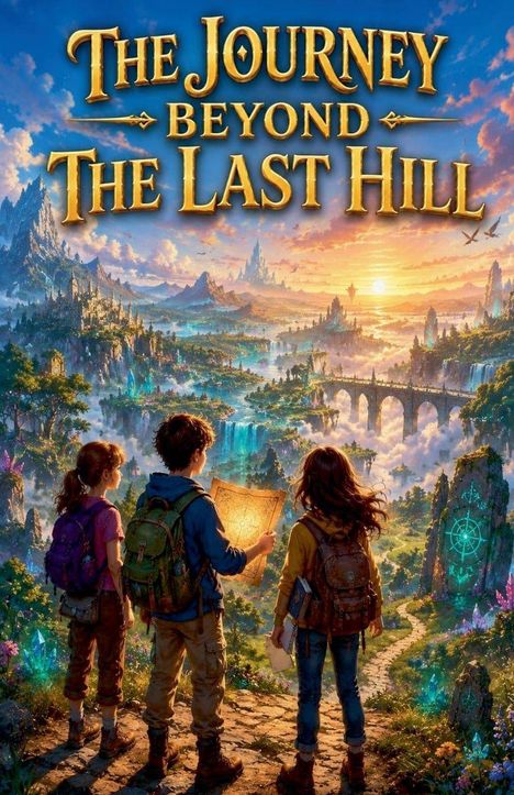 Text: „The Journey Beyond The Last Hill.“ Illustration: Drei Kinder mit Rucksäcken, eine leuchtende Karte, magische Landschaft.