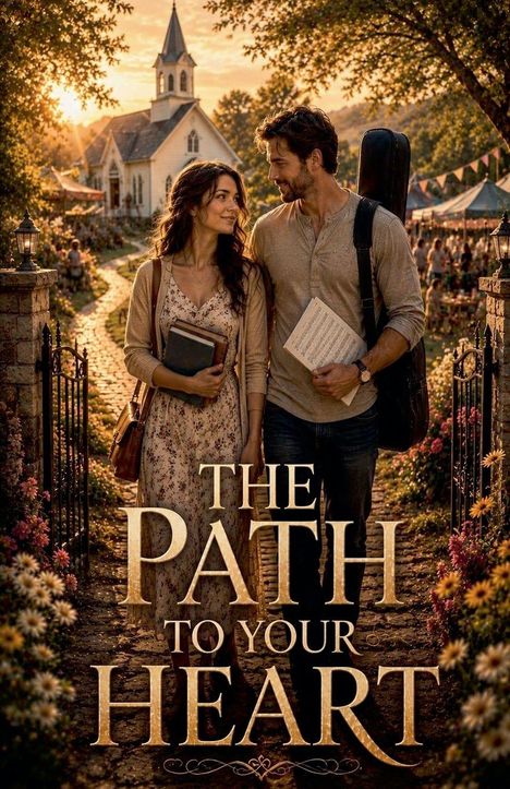 „THE PATH TO YOUR HEART“ steht in großen Buchstaben. Eine Frau und ein Mann gehen lächelnd einen blumigen Weg entlang.
