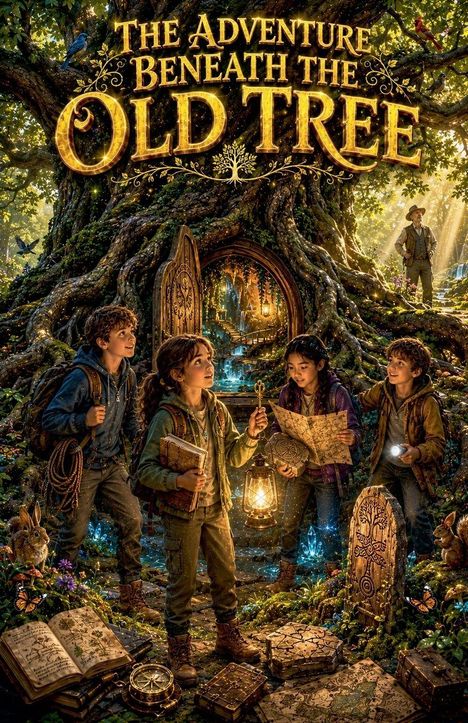 "The Adventure Beneath the Old Tree." Illustration mit Baum, Kinder, Karte, Laterne, geheimnisvollem Eingang, Tiere und Pflanzen.