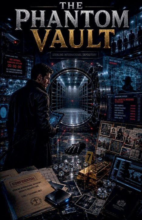 Texte: "THE PHANTOM VAULT", "STIRLING INTERNATIONAL DEPOSITORY". Ein Mann steht vor einem offenen Tresor mit Überwachungs- und Beweismaterial.