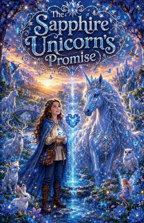 Der Text auf der Illustration lautet: "The Sapphire Unicorn’s Promise." Eine Frau hält ein leuchtendes Herz vor einem funkelnden Einhorn.