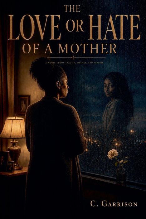 "The Love or Hate of a Mother" und "C. Garrison". Eine Frau betrachtet ihr eigenes Spiegelbild in einem regennassen Fenster.