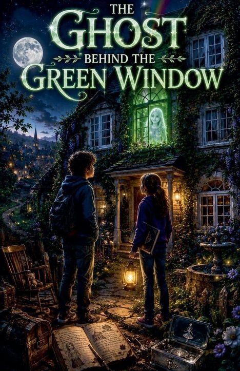 "The Ghost Behind the Green Window": Zwei Kinder stehen vor einem beblümten Haus, ein grün leuchtendes Geistmädchen im Fenster.
