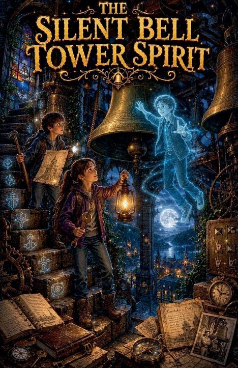 "The Silent Bell Tower Spirit" in goldener Schrift, zwei Kinder mit Taschenlampe und Laterne bei Nacht in einem Turm mit Glocken.