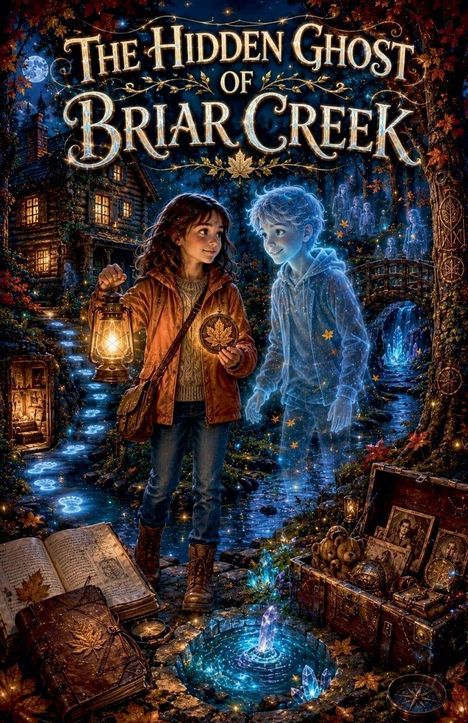 "The Hidden Ghost of Briar Creek" steht in großen Buchstaben. Davor ein Mädchen mit Laterne und ein blauer Geisterjunge.