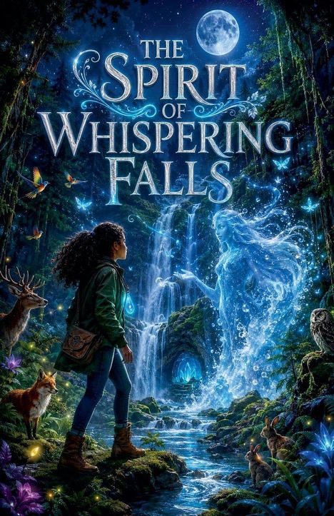 "The Spirit of Whispering Falls" in großen Buchstaben. Illustration: Mädchen vor Wasserfall mit Tieren und leuchtendem Geisterwesen.