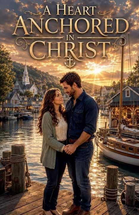 Text: "A Heart Anchored in Christ". Ein Paar steht verliebt auf einem Steg mit Blick auf ein malerisches Hafenstädtchen bei Sonnenuntergang.