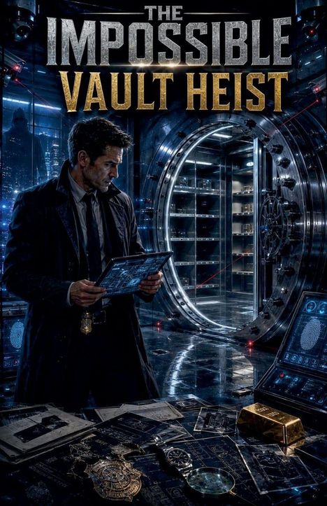 "The Impossible Vault Heist"; Ermittler mit Tablet vor geöffnetem Tresorraum, zu sehen sind Pläne, Geräte, Goldbarren und Bildschirme.