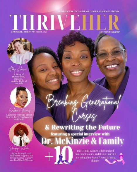 THRIVEHER. September, October, November 2026. Breaking Generational Curses & Rewriting the Future. Drei lächelnde Frauen.