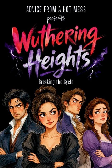 "Therapy with the Classics presents Wuthering Heights: Breaking the Cycle." Illustration von vier nachdenklichen Charakteren.