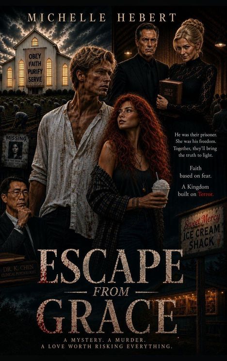 Buchcover "Escape from Grace". Text: "He was their prisoner...", "A mystery. A murder." Zwei Menschen im Vordergrund.